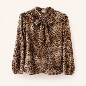 Pleione Leopard Print Tie Neck Blouse Long Sleeve Work Top Size M